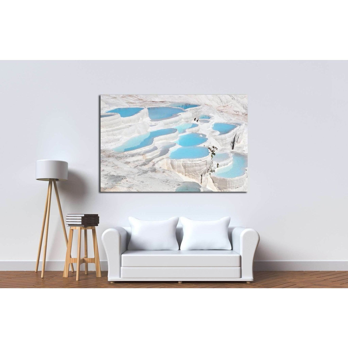 Cascading Blue Pools of Pamukkale Print for Nature-Inspired DecorThis canvas print features the unique natural terraces of Pamukkale in Turkey, known for their mineral-rich thermal waters and striking white limestone. The cascading blue pools create a ser