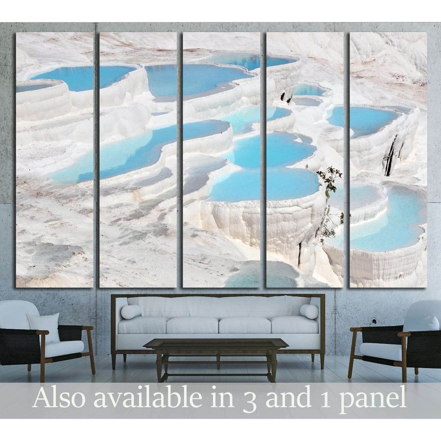 Cascading Blue Pools of Pamukkale Print for Nature-Inspired DecorThis canvas print features the unique natural terraces of Pamukkale in Turkey, known for their mineral-rich thermal waters and striking white limestone. The cascading blue pools create a ser