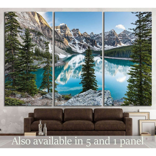 Banff National Park Moraine Lake Canvas Print for Modern Office DecorThis canvas print displays the serene beauty of Moraine Lake in Banff National Park, Canada. The tranquil turquoise waters, set against the backdrop of the majestic Rocky Mountains and l