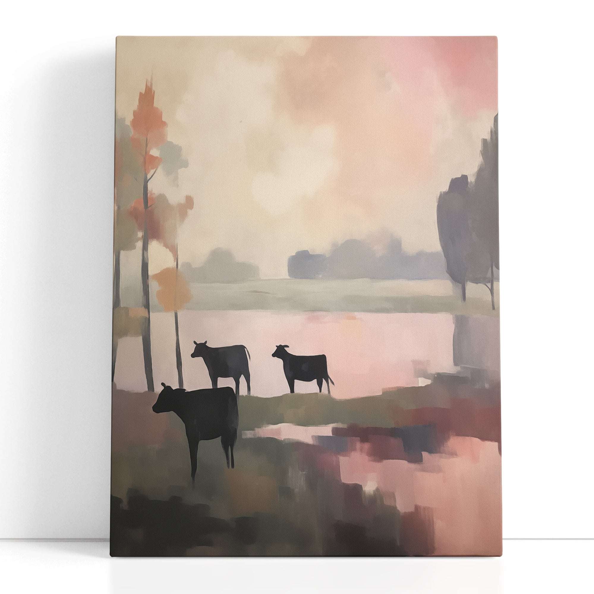 Pastoral Scene at Dusk with Cow Silhouettes - Canvas Print - Artoholica Ready to Hang Canvas Print