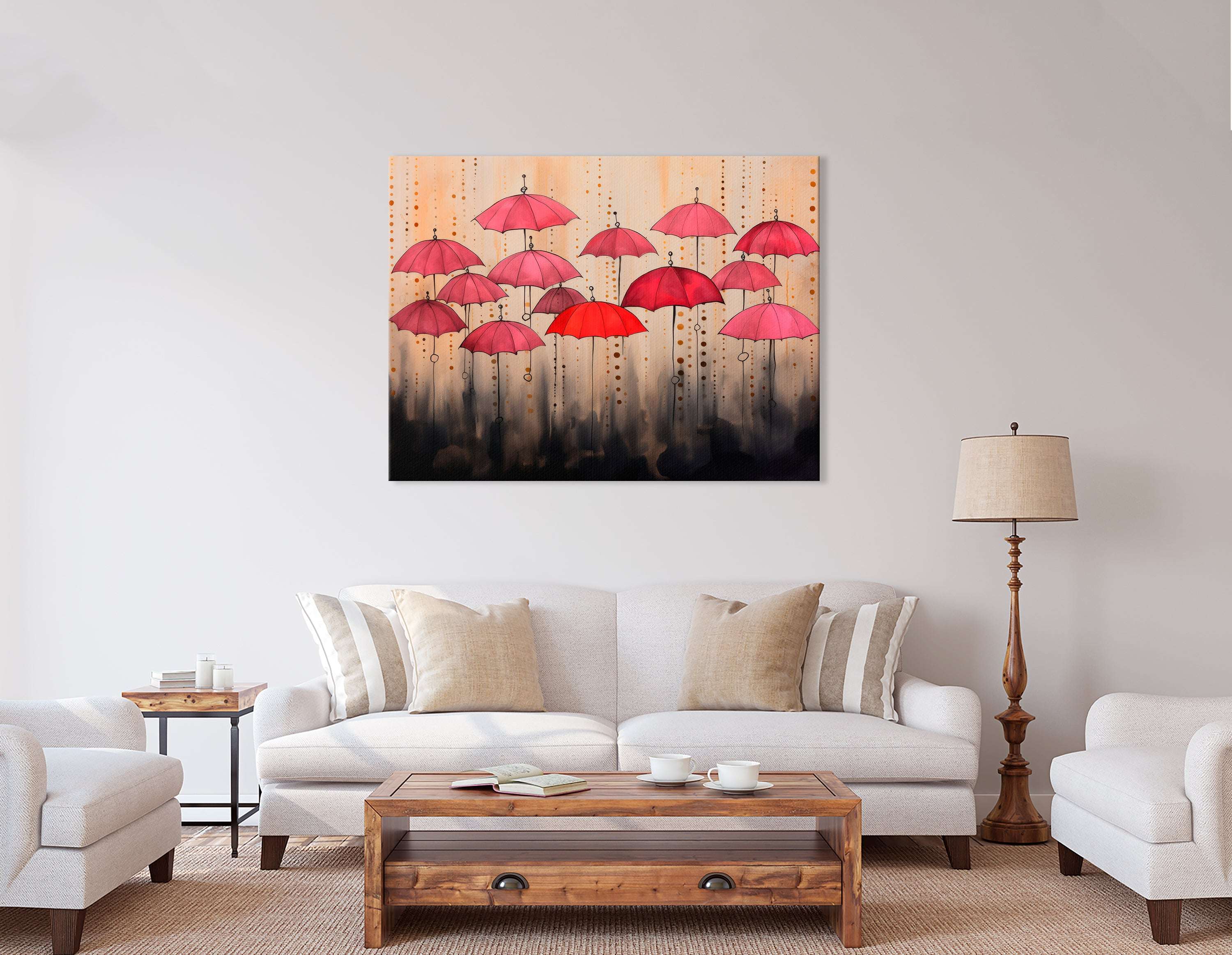Pink and Red Umbrellas in Urban Fairy Tale - Canvas Print - Artoholica Ready to Hang Canvas Print