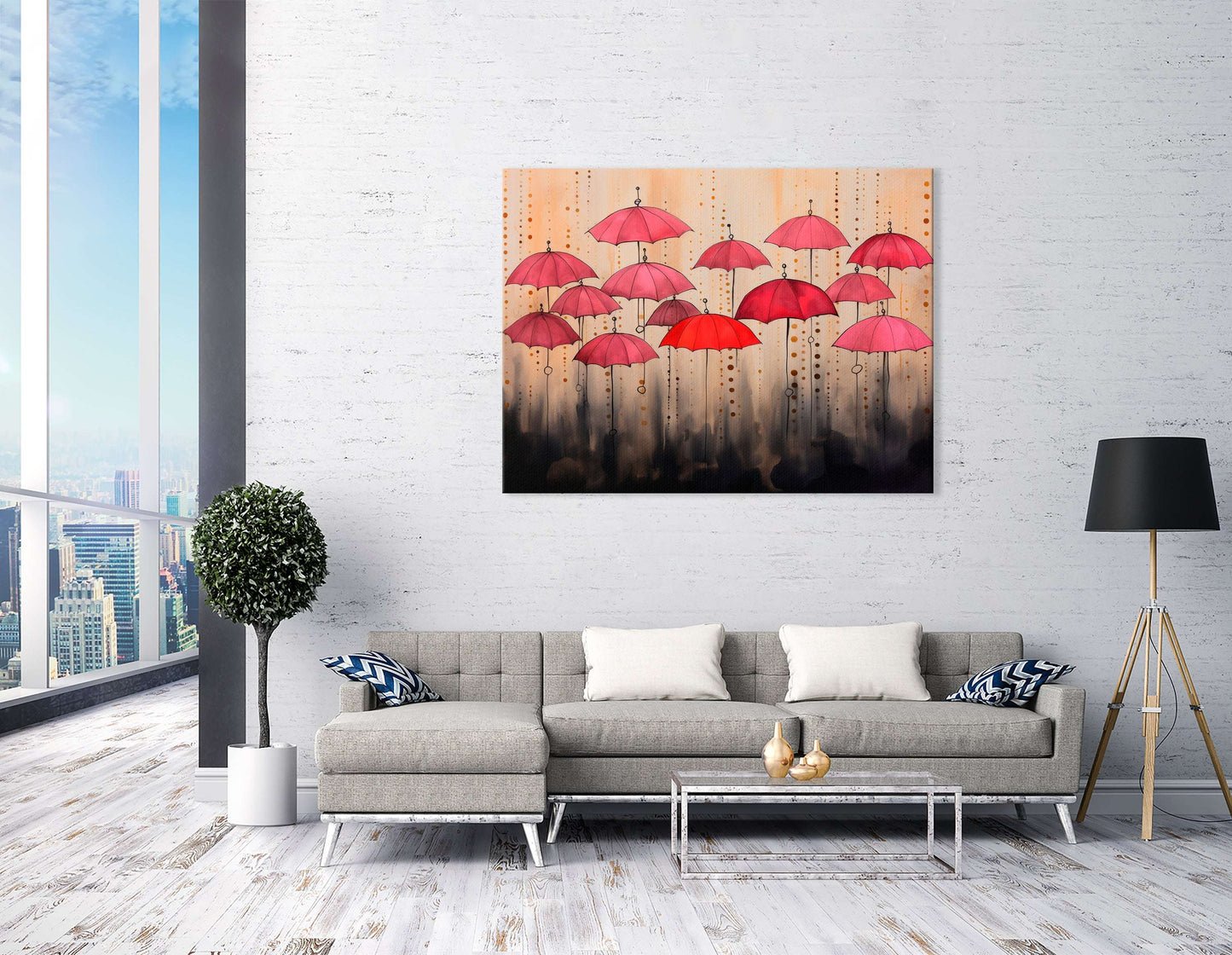 Pink and Red Umbrellas in Urban Fairy Tale - Canvas Print - Artoholica Ready to Hang Canvas Print