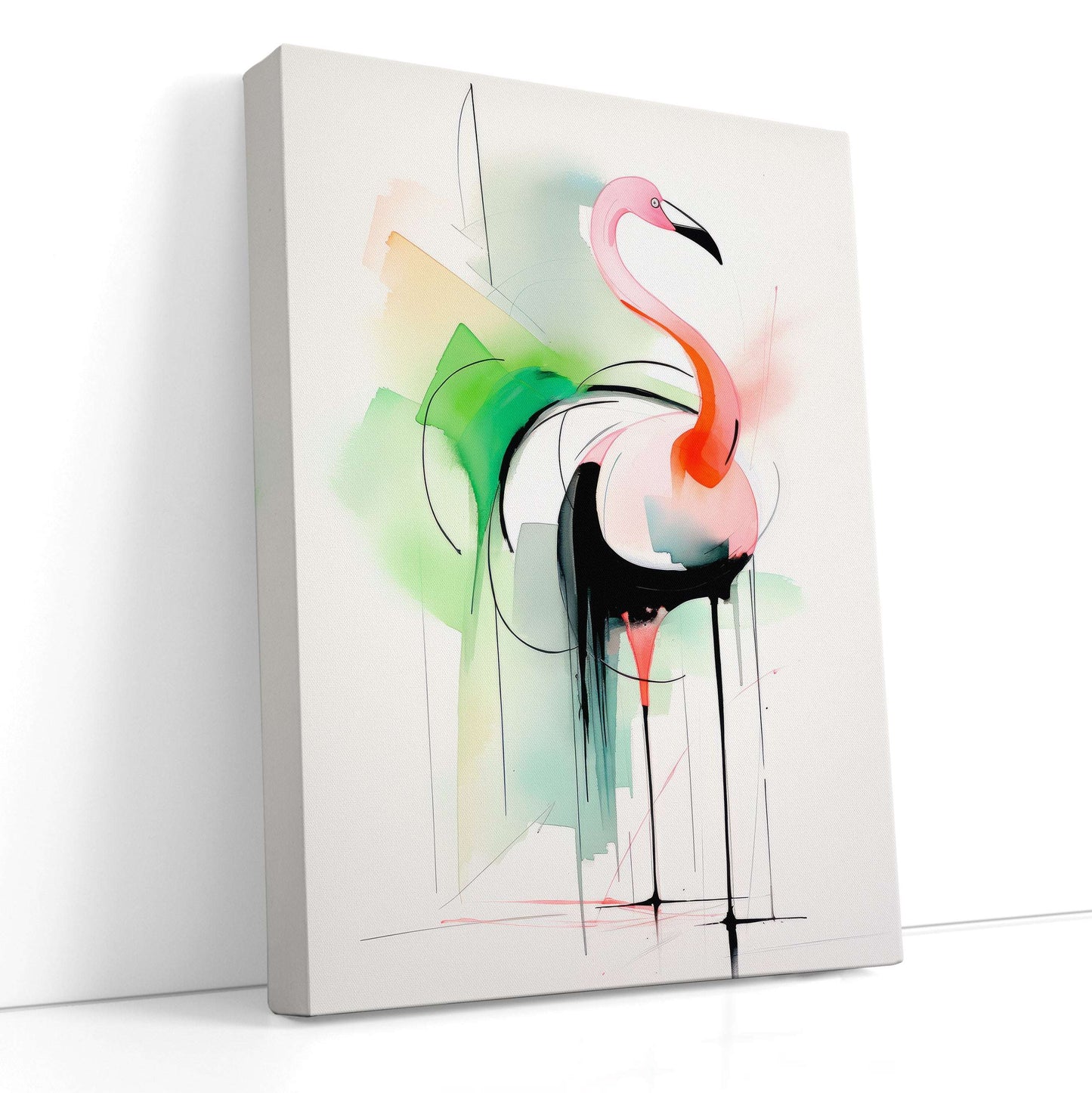 Pink Flamingo with Abstract Green and Black - Canvas Print - Artoholica Ready to Hang Canvas Print