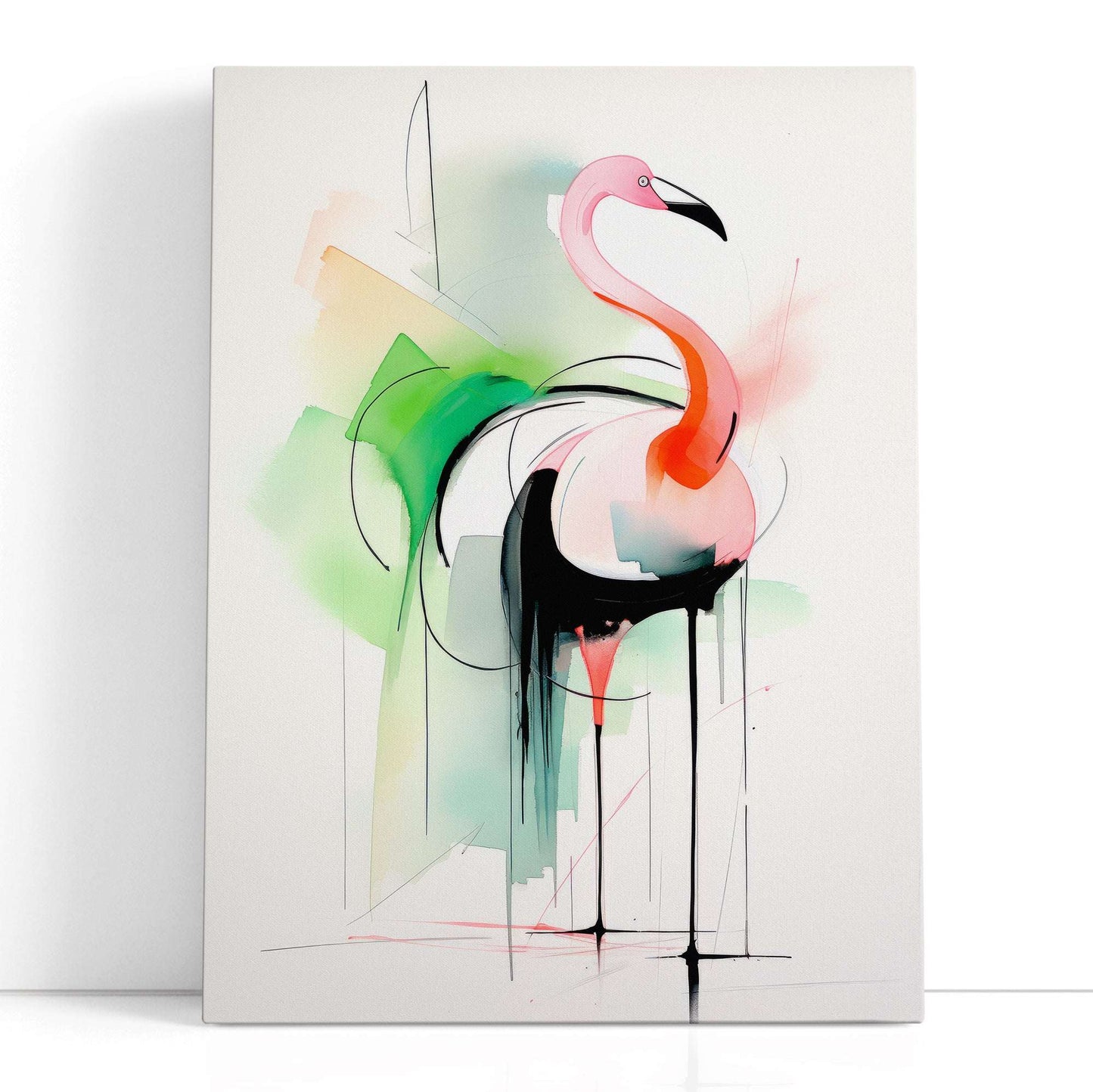 Pink Flamingo with Abstract Green and Black - Canvas Print - Artoholica Ready to Hang Canvas Print