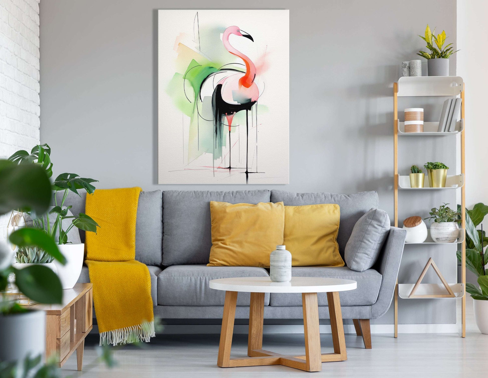 Pink Flamingo with Abstract Green and Black - Canvas Print - Artoholica Ready to Hang Canvas Print