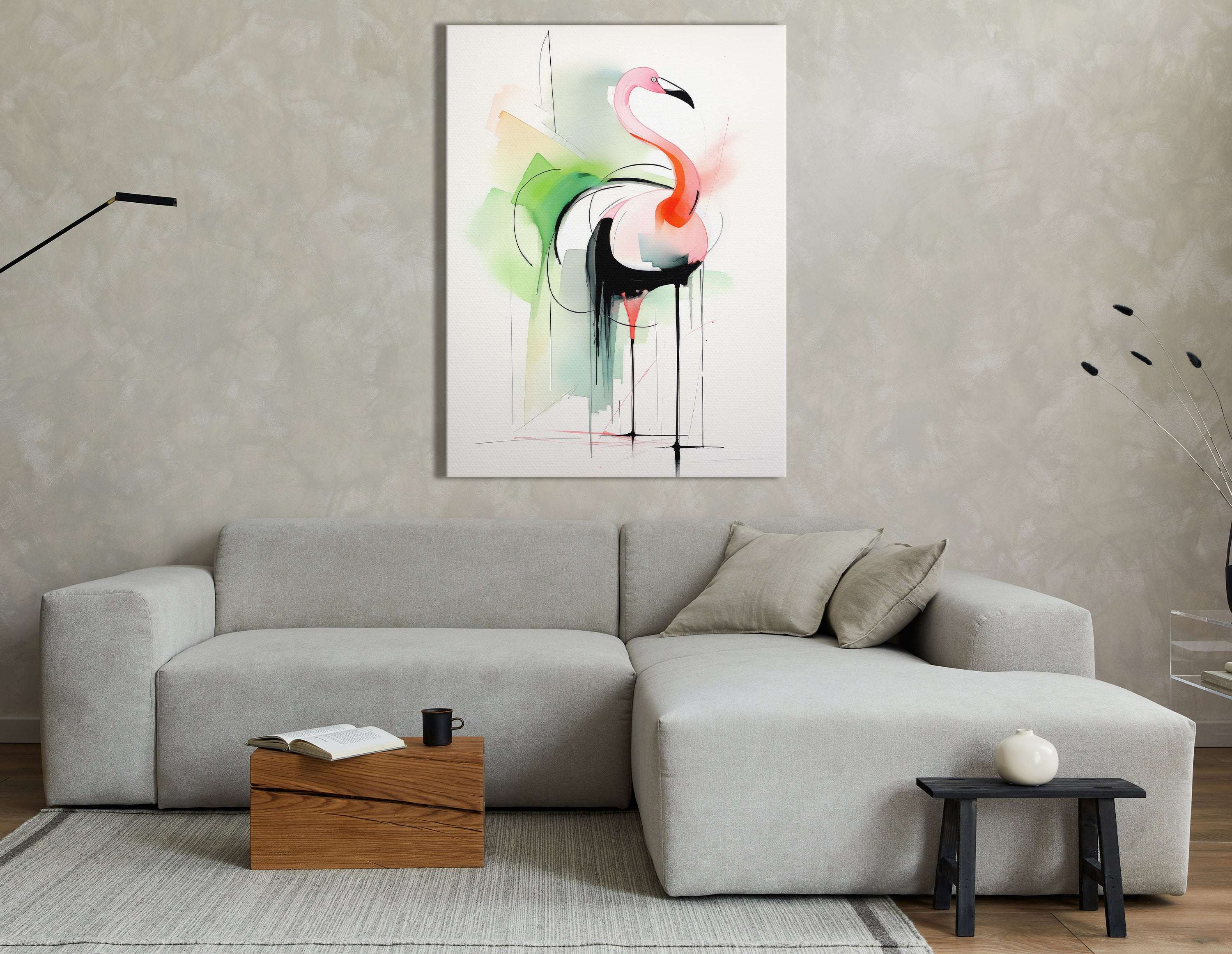 Pink Flamingo with Abstract Green and Black - Canvas Print - Artoholica Ready to Hang Canvas Print