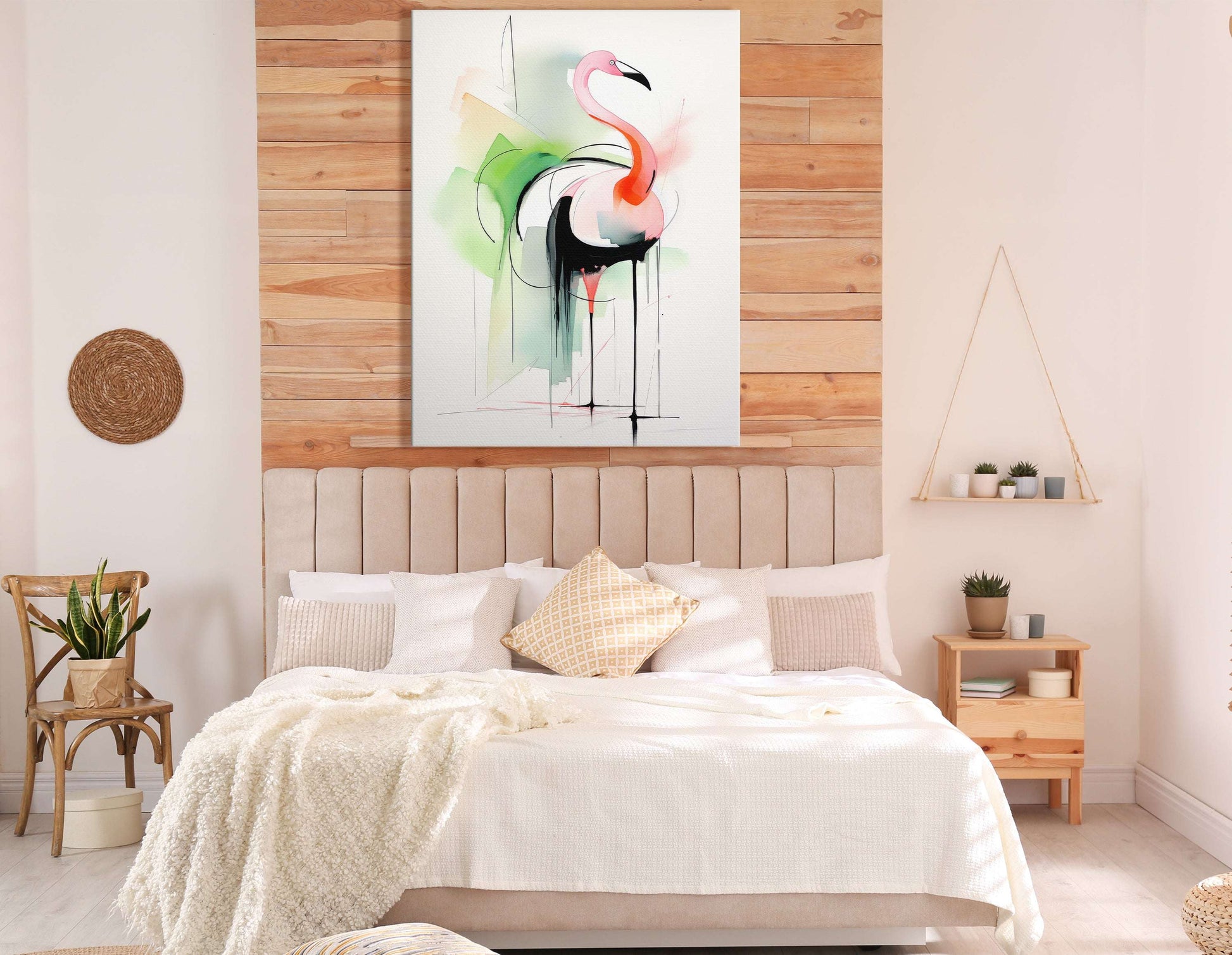 Pink Flamingo with Abstract Green and Black - Canvas Print - Artoholica Ready to Hang Canvas Print