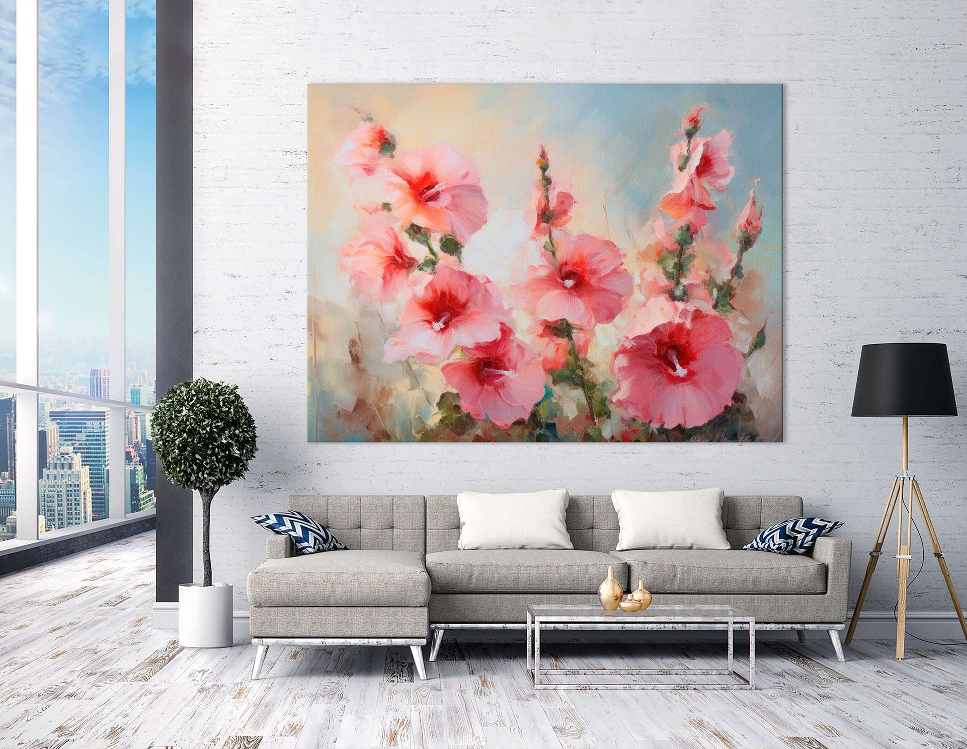 Pink Hollyhock Flowers - Canvas Print - Artoholica Ready to Hang Canvas Print