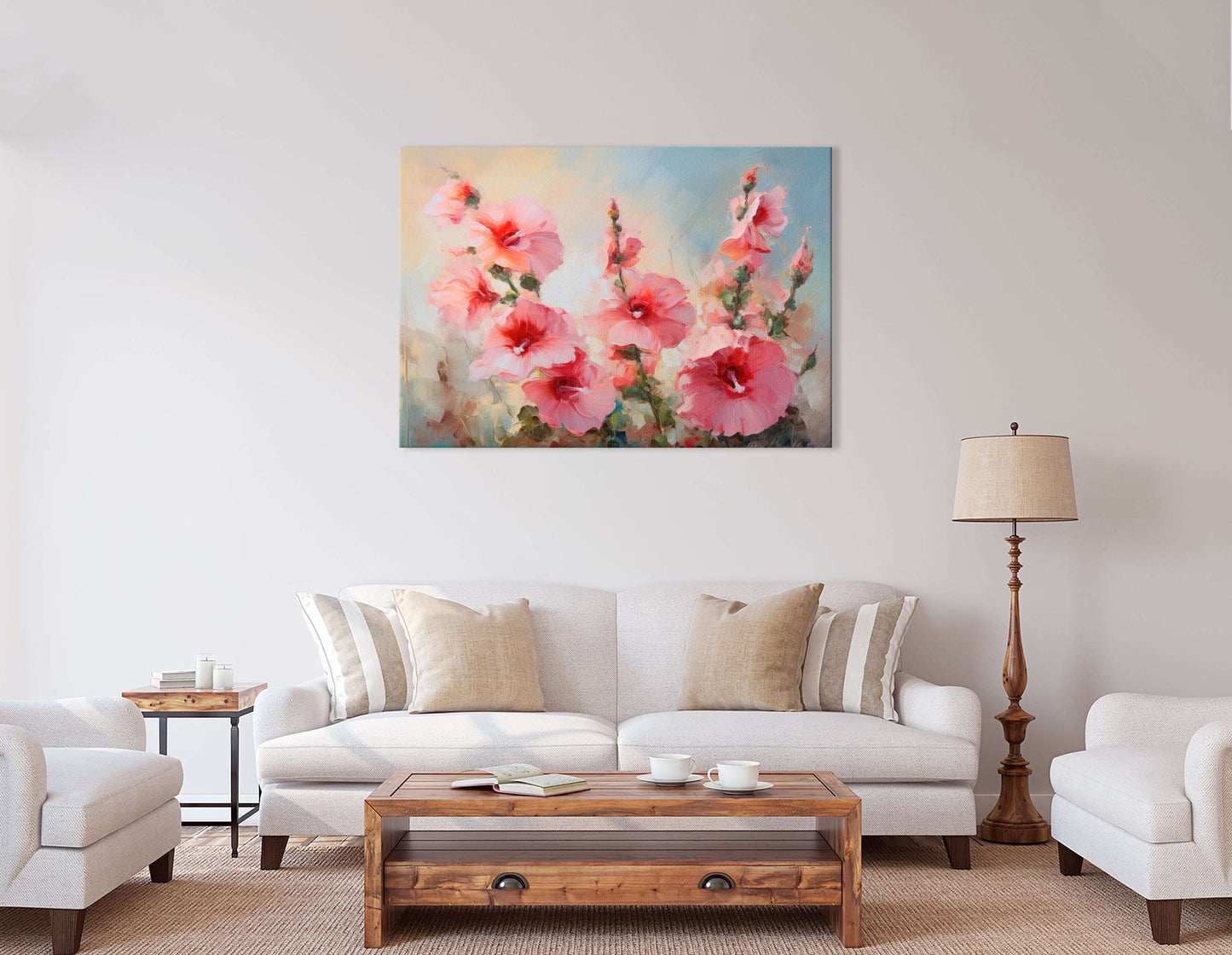 Pink Hollyhock Flowers - Canvas Print - Artoholica Ready to Hang Canvas Print