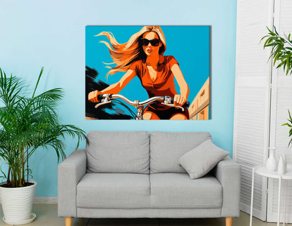 Pop Art Woman on Bike - Canvas Print - Artoholica Ready to Hang Canvas Print