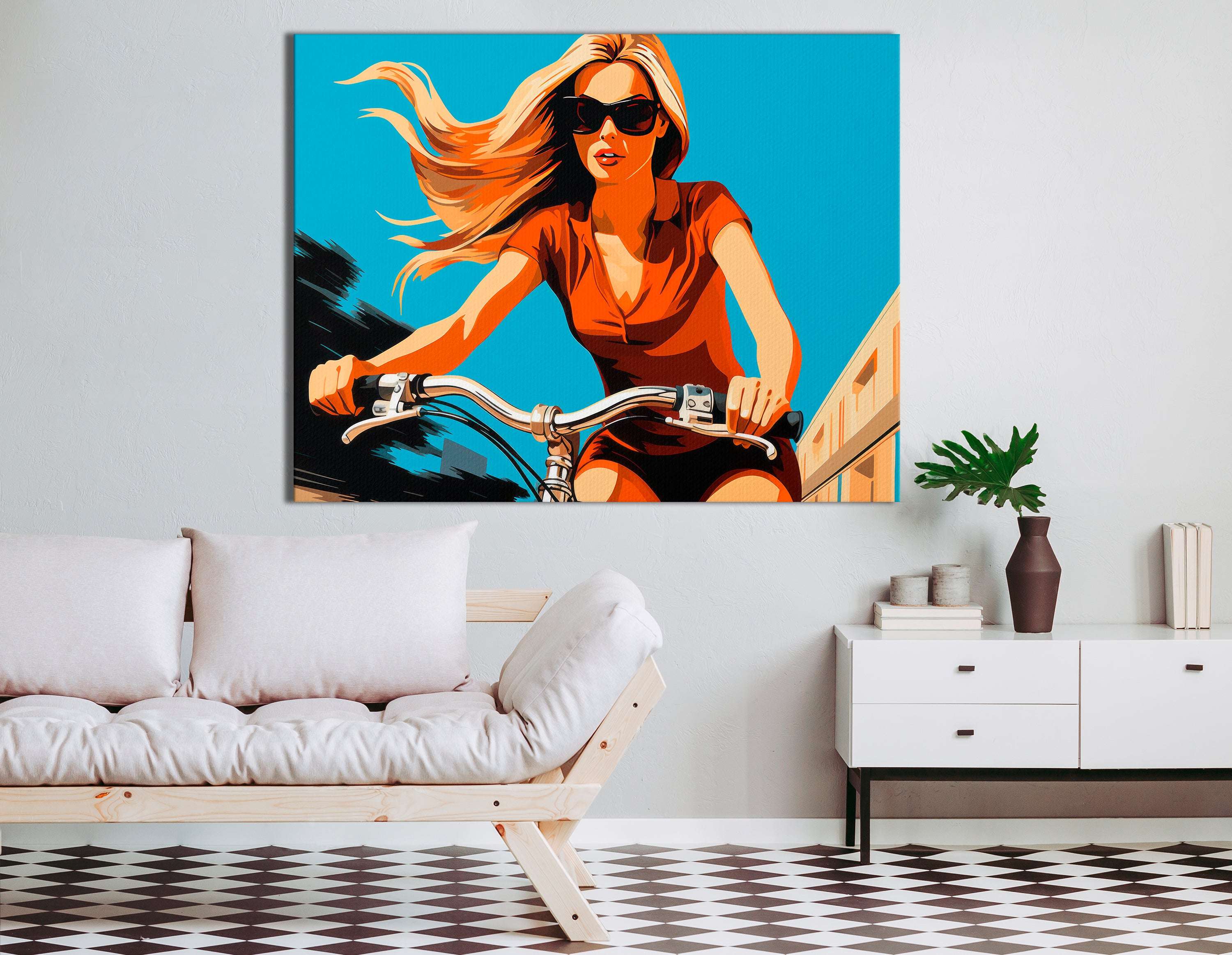 Pop Art Woman on Bike - Canvas Print - Artoholica Ready to Hang Canvas Print