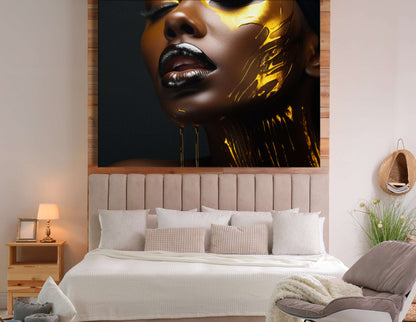 Portrait of a Beautiful Woman with Golden Face Paint - Canvas Print - Artoholica Ready to Hang Canvas Print