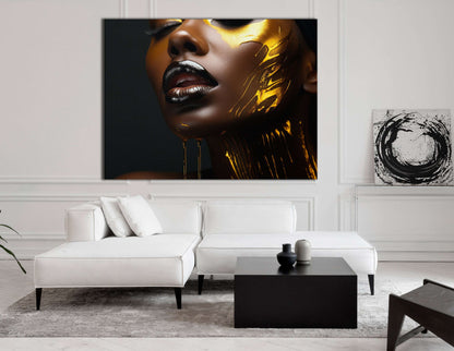 Portrait of a Beautiful Woman with Golden Face Paint - Canvas Print - Artoholica Ready to Hang Canvas Print