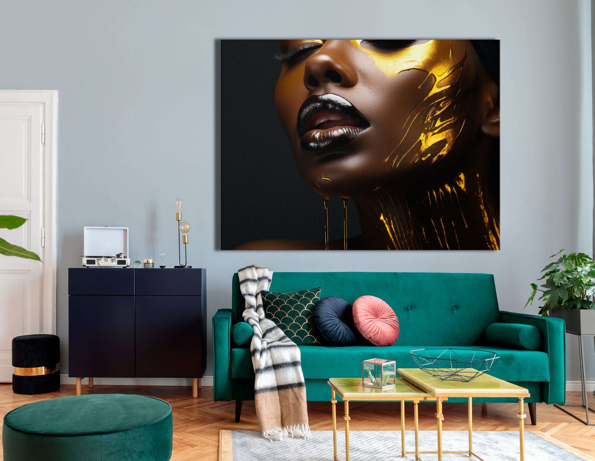 Portrait of a Beautiful Woman with Golden Face Paint - Canvas Print - Artoholica Ready to Hang Canvas Print