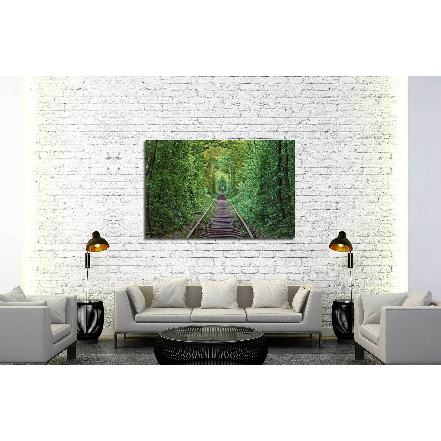 Tunnel of Love Ukraine Canvas Print - Romantic Nature Path Wall ArtThis canvas print features the 'Tunnel of Love' in Ukraine, a natural passage formed by trees along an old railway track. The lush green foliage forms a leafy arch, creating a romantic and