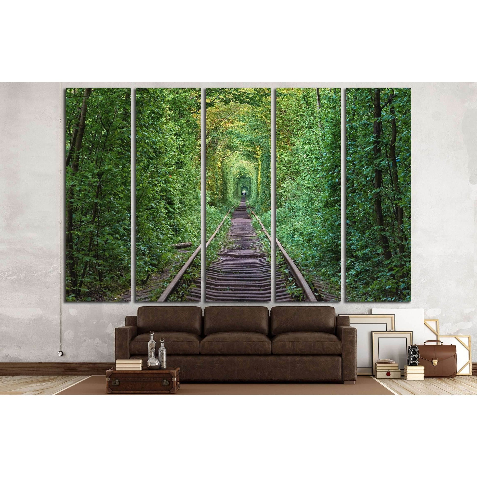 Tunnel of Love Ukraine Canvas Print - Romantic Nature Path Wall ArtThis canvas print features the 'Tunnel of Love' in Ukraine, a natural passage formed by trees along an old railway track. The lush green foliage forms a leafy arch, creating a romantic and