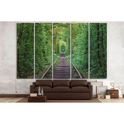 Tunnel of Love Ukraine Canvas Print - Romantic Nature Path Wall ArtThis canvas print features the 'Tunnel of Love' in Ukraine, a natural passage formed by trees along an old railway track. The lush green foliage forms a leafy arch, creating a romantic and