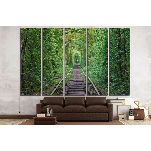 Tunnel of Love Ukraine Canvas Print - Romantic Nature Path Wall ArtThis canvas print features the 'Tunnel of Love' in Ukraine, a natural passage formed by trees along an old railway track. The lush green foliage forms a leafy arch, creating a romantic and
