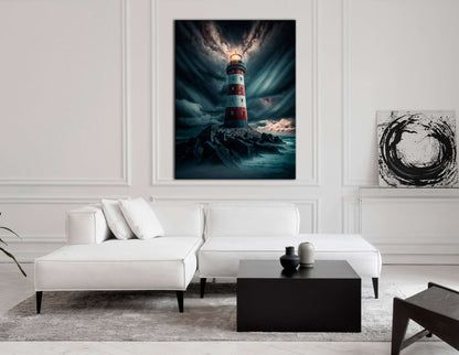 Red and White Lighthouse Embraced by Clouds - Canvas Print - Artoholica Ready to Hang Canvas Print