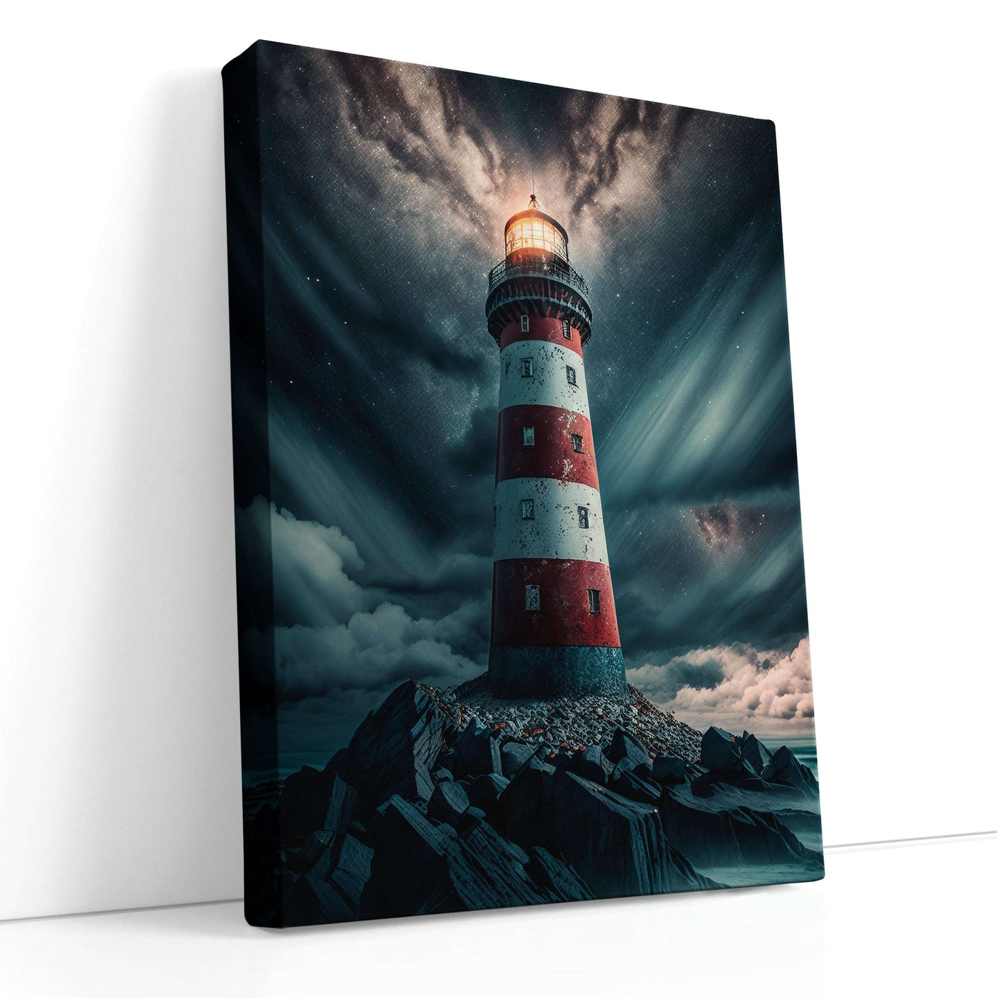 Red and White Lighthouse Embraced by Clouds - Canvas Print - Artoholica Ready to Hang Canvas Print