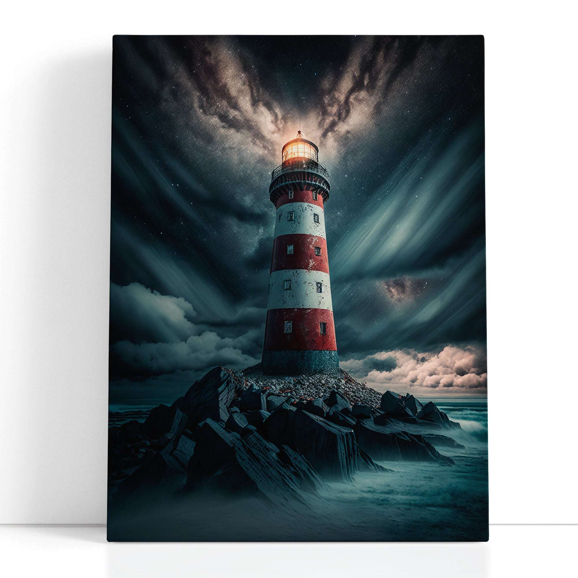 Red and White Lighthouse Embraced by Clouds - Canvas Print - Artoholica Ready to Hang Canvas Print