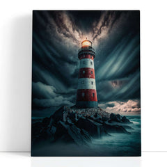 Red and White Lighthouse Embraced by Clouds - Canvas Print - Artoholica Ready to Hang Canvas Print