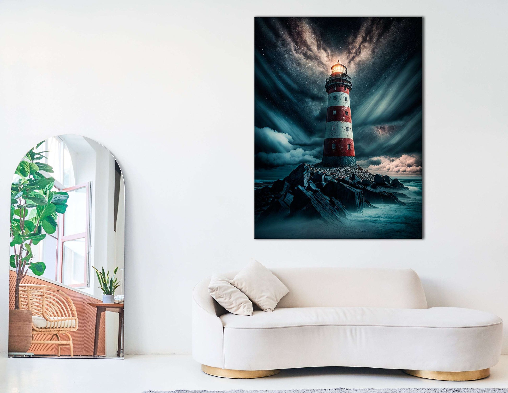 Red and White Lighthouse Embraced by Clouds - Canvas Print - Artoholica Ready to Hang Canvas Print