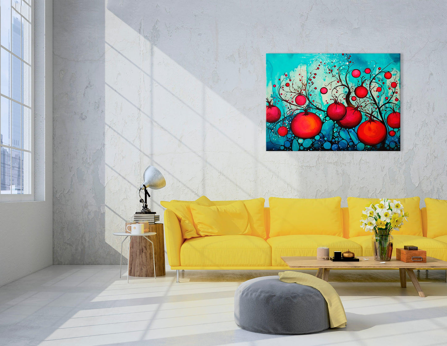 Red Pomegranates on Bright Blue - Canvas Print - Artoholica Ready to Hang Canvas Print