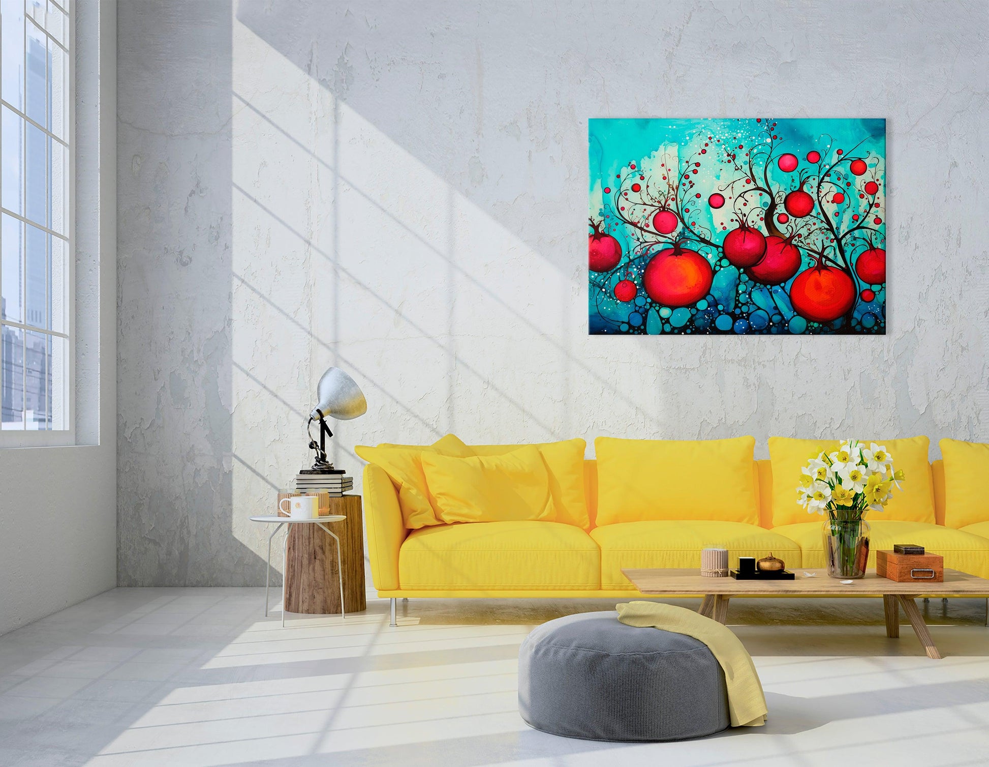 Red Pomegranates on Bright Blue - Canvas Print - Artoholica Ready to Hang Canvas Print