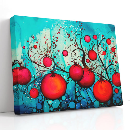 Red Pomegranates on Bright Blue - Canvas Print - Artoholica Ready to Hang Canvas Print