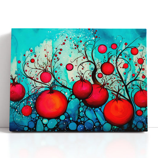 Red Pomegranates on Bright Blue - Canvas Print - Artoholica Ready to Hang Canvas Print