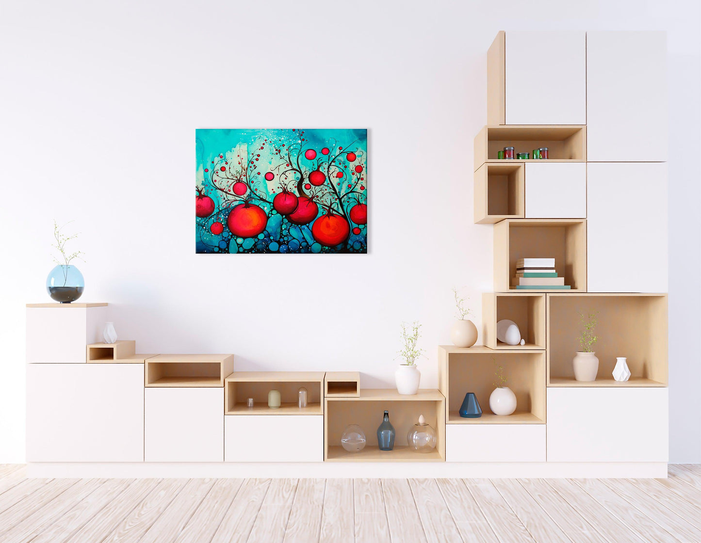 Red Pomegranates on Bright Blue - Canvas Print - Artoholica Ready to Hang Canvas Print