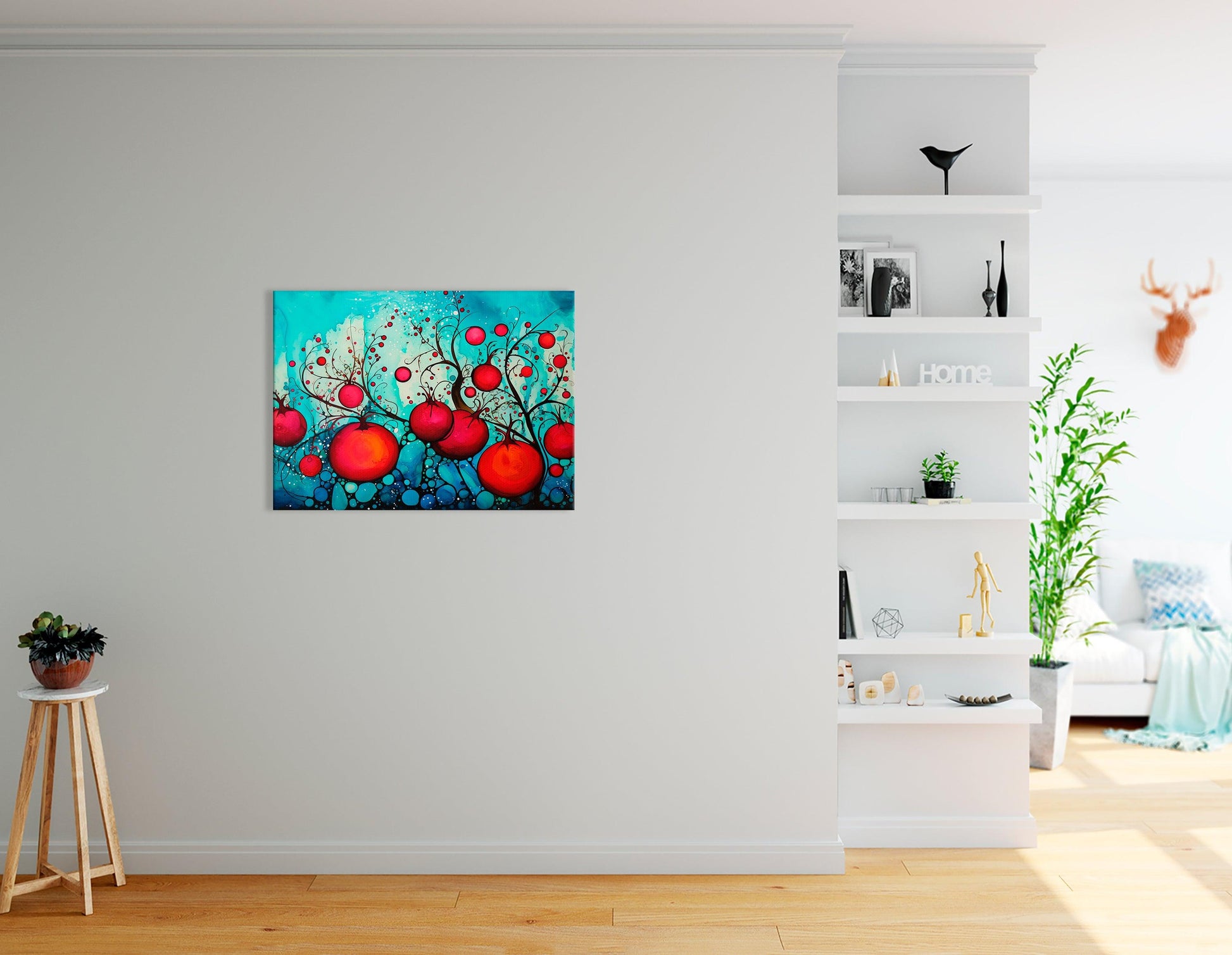 Red Pomegranates on Bright Blue - Canvas Print - Artoholica Ready to Hang Canvas Print