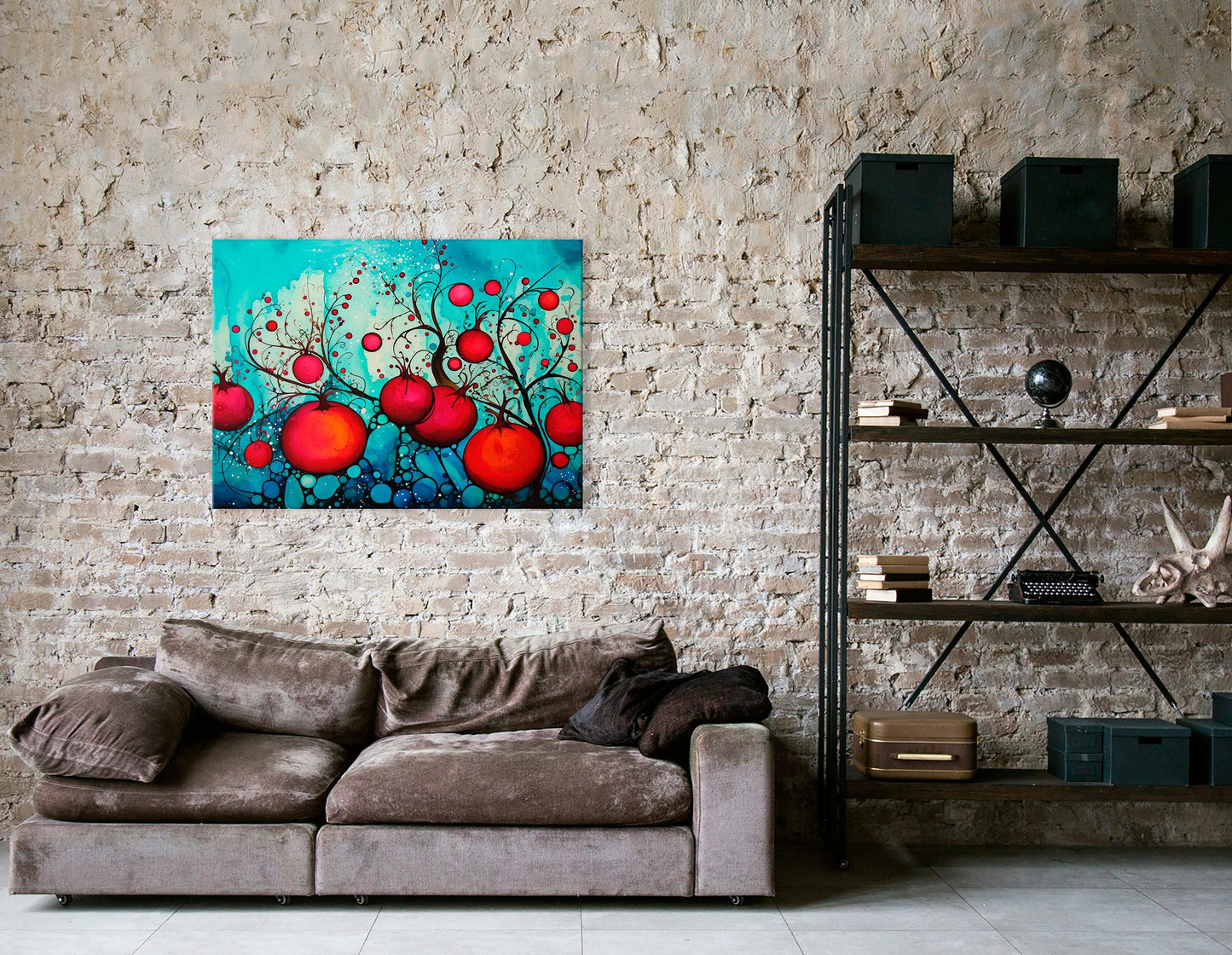 Red Pomegranates on Bright Blue - Canvas Print - Artoholica Ready to Hang Canvas Print