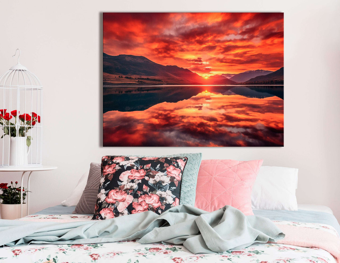 Red Sunset & Mountain Lake Reflection - Canvas Print - Artoholica Ready to Hang Canvas Print