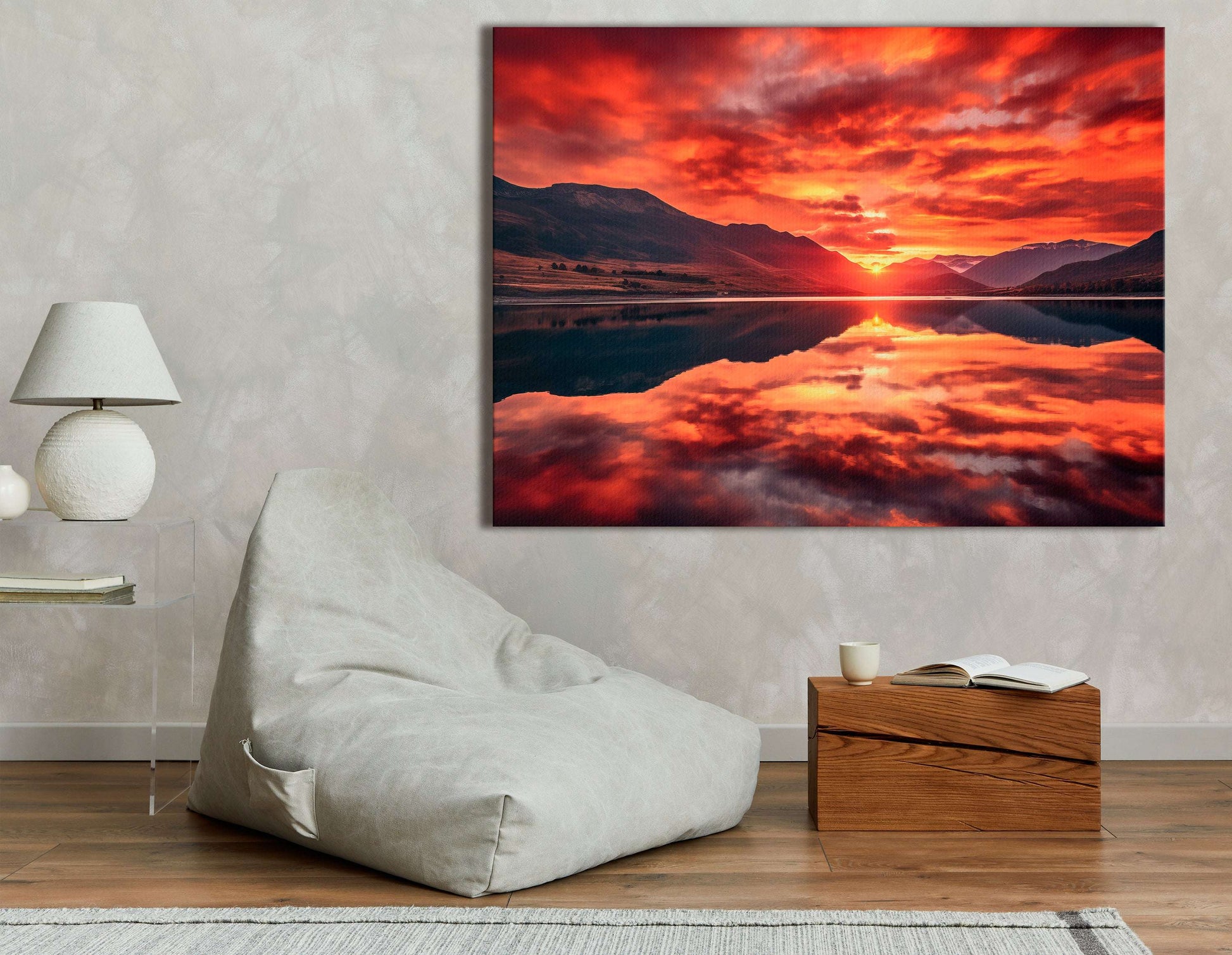 Red Sunset & Mountain Lake Reflection - Canvas Print - Artoholica Ready to Hang Canvas Print