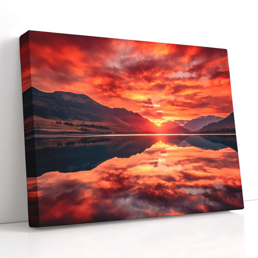 Red Sunset & Mountain Lake Reflection - Canvas Print - Artoholica Ready to Hang Canvas Print