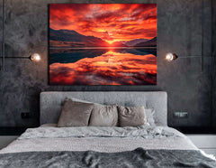 Red Sunset & Mountain Lake Reflection - Canvas Print - Artoholica Ready to Hang Canvas Print