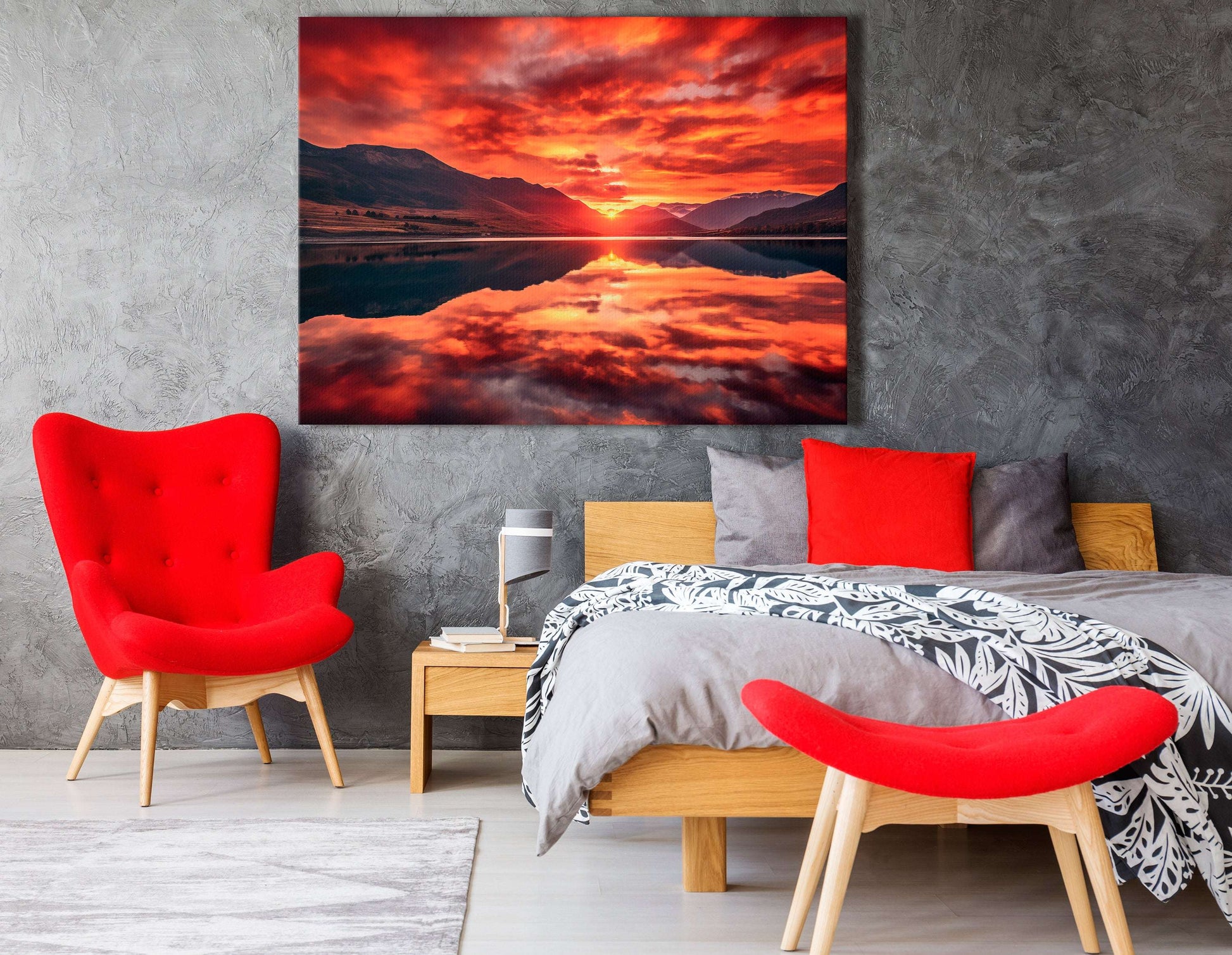 Red Sunset & Mountain Lake Reflection - Canvas Print - Artoholica Ready to Hang Canvas Print