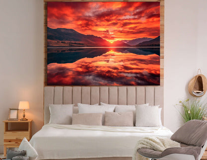 Red Sunset & Mountain Lake Reflection - Canvas Print - Artoholica Ready to Hang Canvas Print