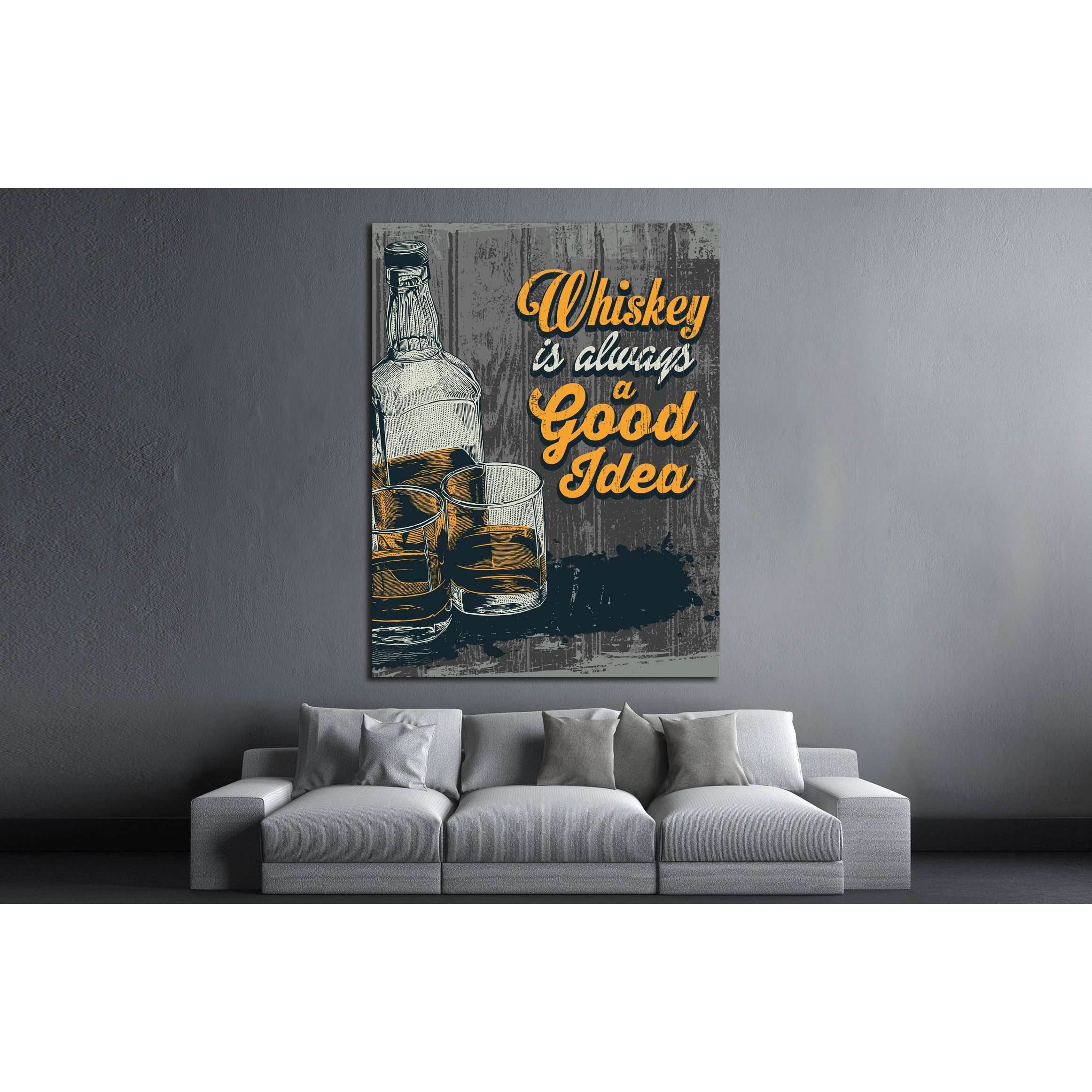 Retro design Whiskey Is Always A Good Idea with whiskey in two glasses and bottle №4574 Ready to Hang Canvas PrintCanvas art arrives ready to hang, with hanging accessories included and no additional framing required. Every canvas print is hand-crafted, m