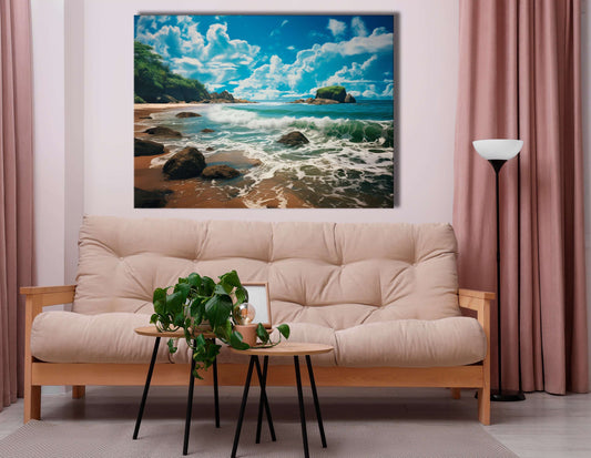 Rocky Shoreline with Rolling Waves - Canvas Print - Artoholica Ready to Hang Canvas Print