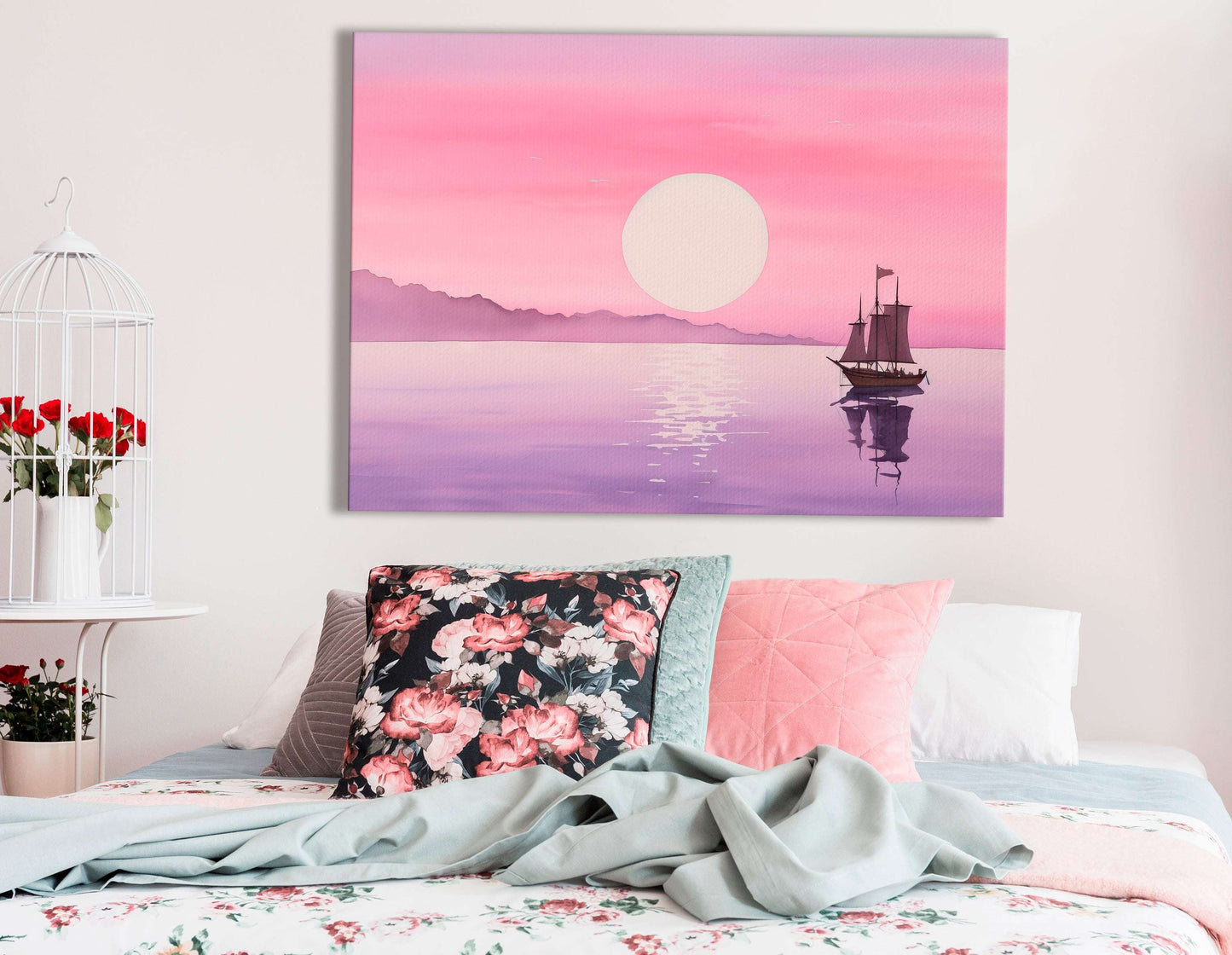 Romantic Pink Sunset with Sailboat - Canvas Print - Artoholica Ready to Hang Canvas Print