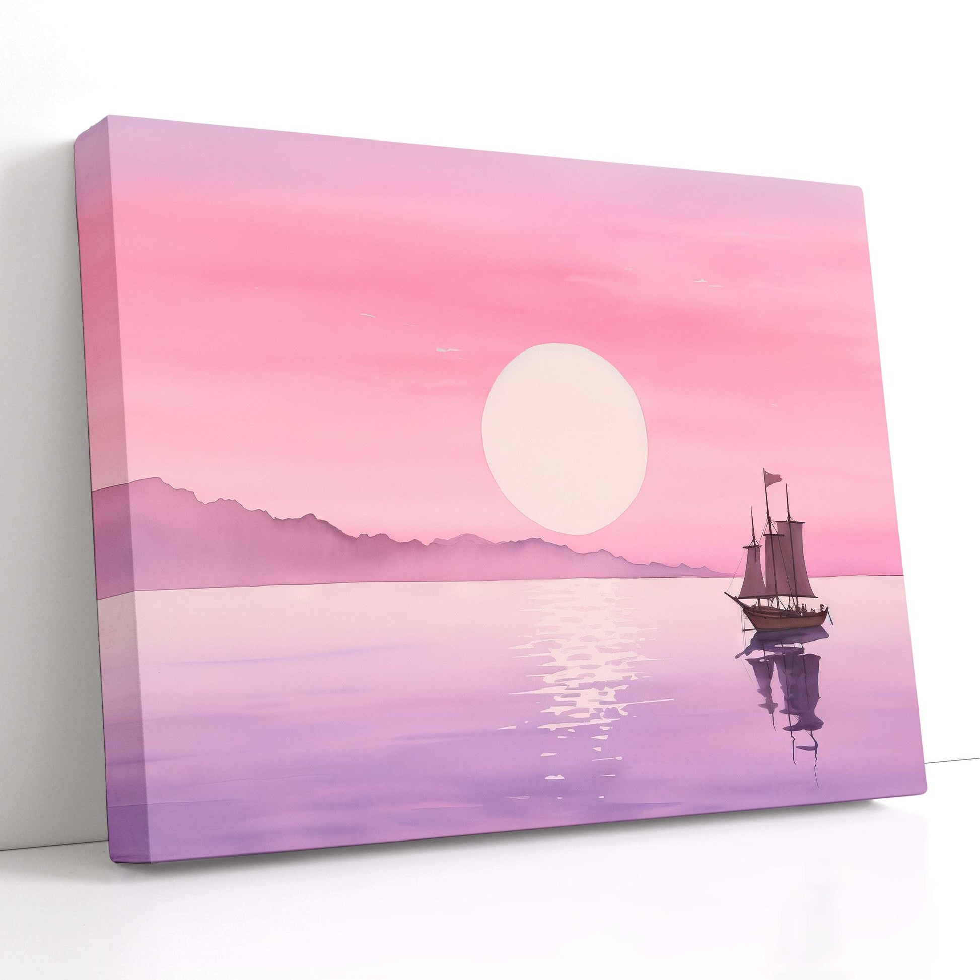 Romantic Pink Sunset with Sailboat - Canvas Print - Artoholica Ready to Hang Canvas Print