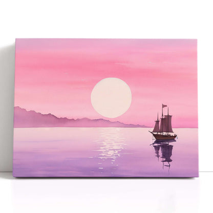 Romantic Pink Sunset with Sailboat - Canvas Print - Artoholica Ready to Hang Canvas Print