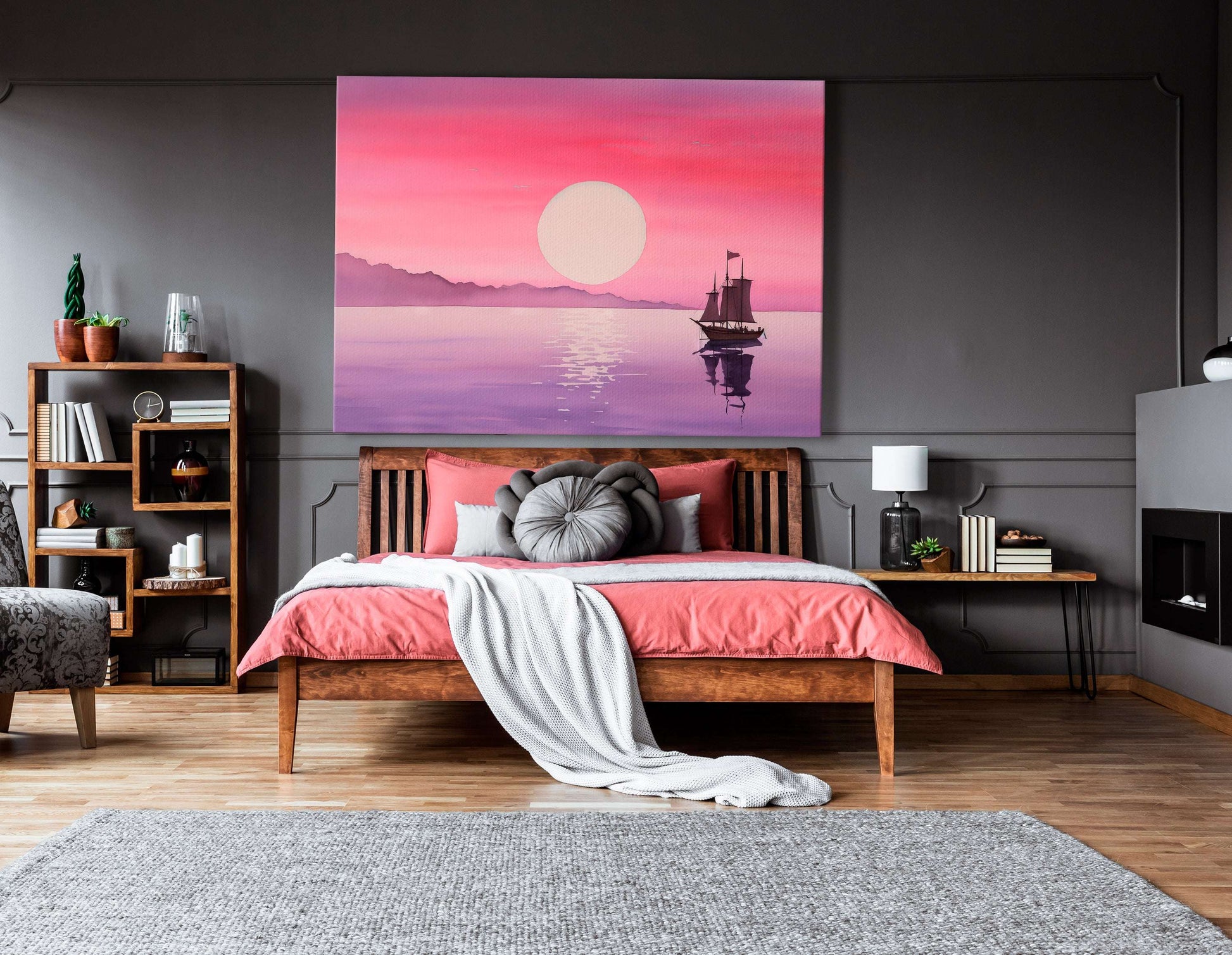 Romantic Pink Sunset with Sailboat - Canvas Print - Artoholica Ready to Hang Canvas Print