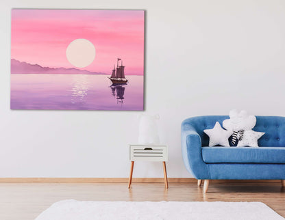 Romantic Pink Sunset with Sailboat - Canvas Print - Artoholica Ready to Hang Canvas Print