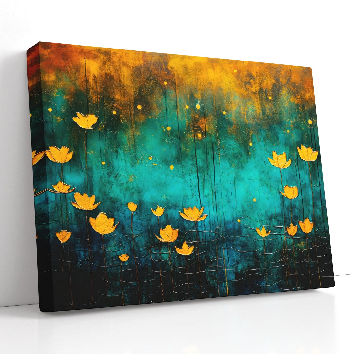 Romantic Riverscape with Golden Lotuses - Canvas Print - Artoholica Ready to Hang Canvas Print