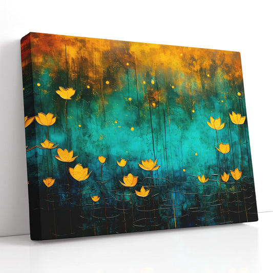 Romantic Riverscape with Golden Lotuses - Canvas Print - Artoholica Ready to Hang Canvas Print