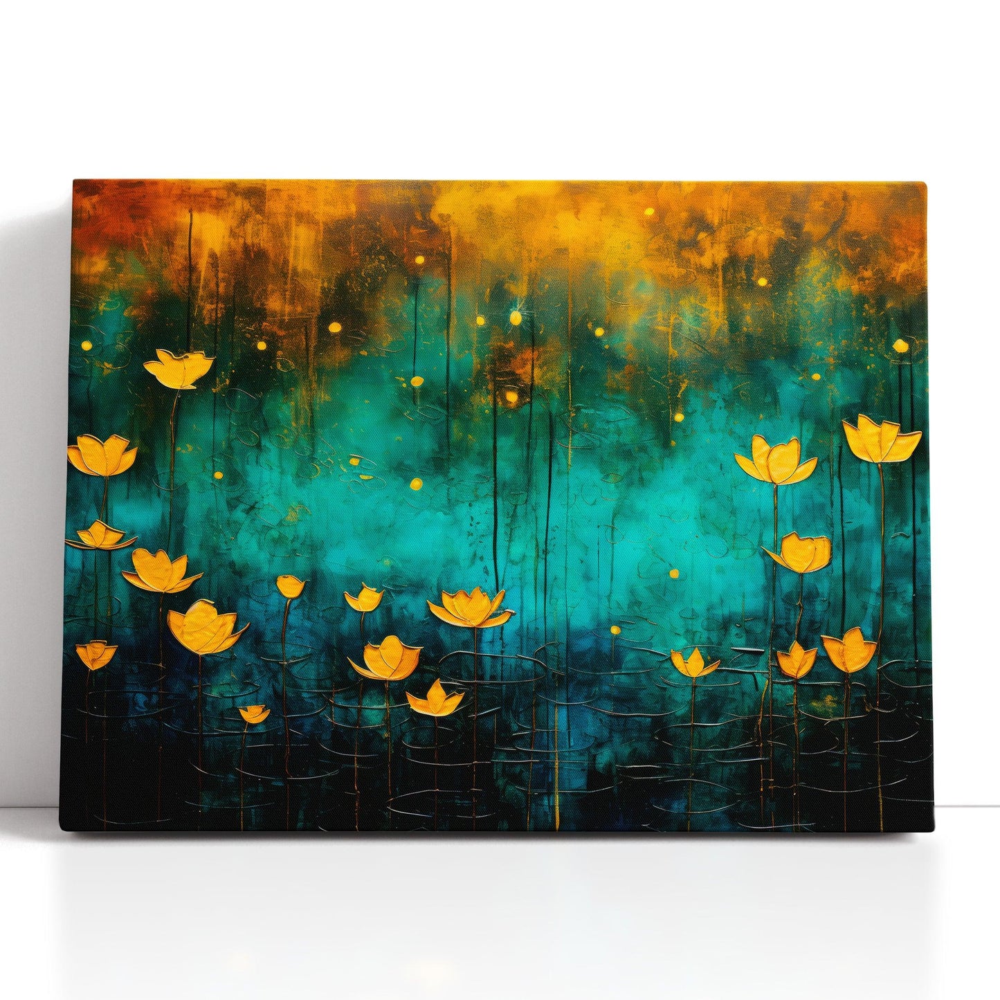 Romantic Riverscape with Golden Lotuses - Canvas Print - Artoholica Ready to Hang Canvas Print